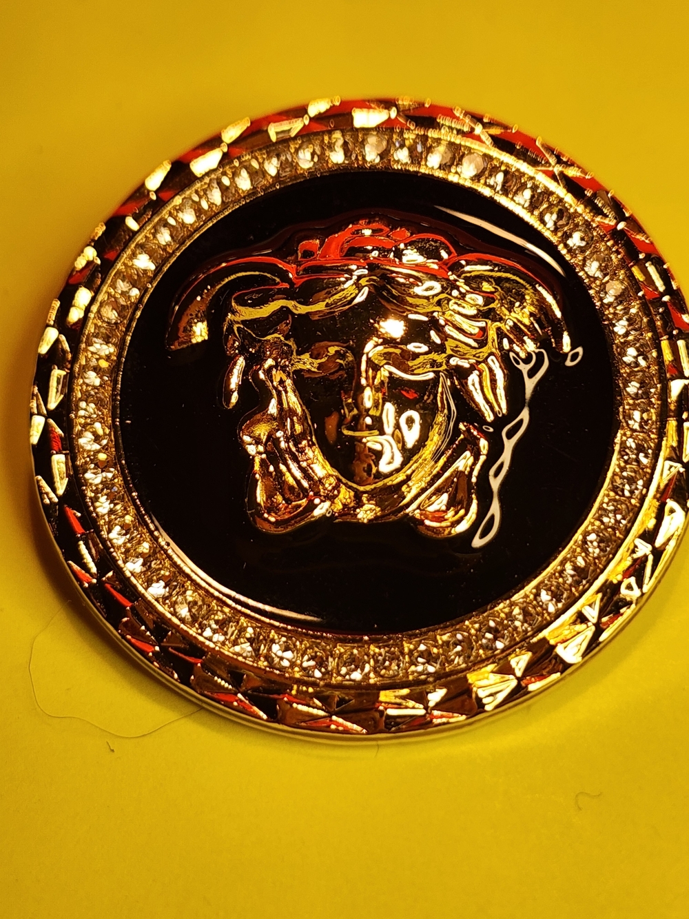 Versace Medusa Gold and Black Medallion Brooch with Crystal Accent Rare